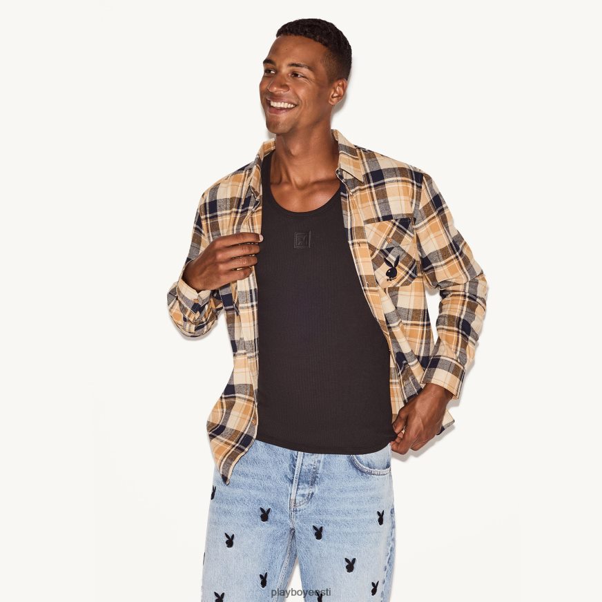 Playboy flanellist pikkade varrukatega särk mehed Riietus pruunikas pleed XV4666311